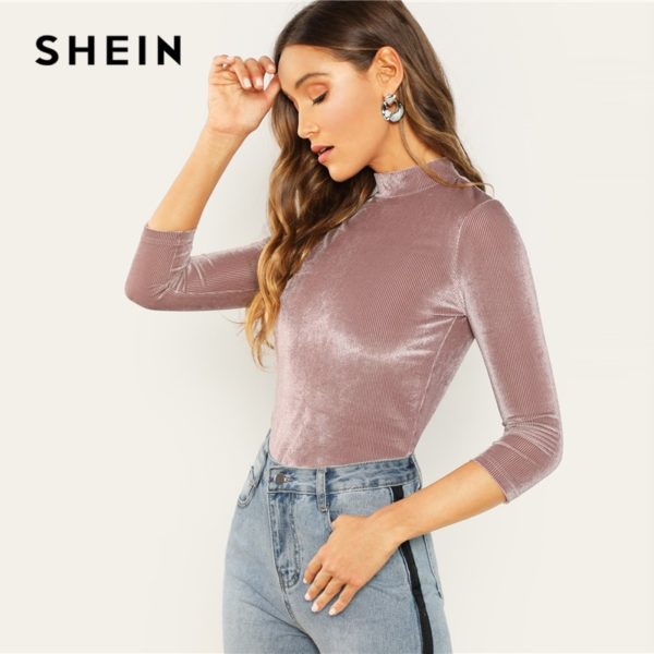 SHEIN-Three-Quarter-Length-Sleeve-Pink-Mock-Neck-Fitted-Ribbed-Velvet-Top-Autumn-Office-Lady-Workwear-2.jpg