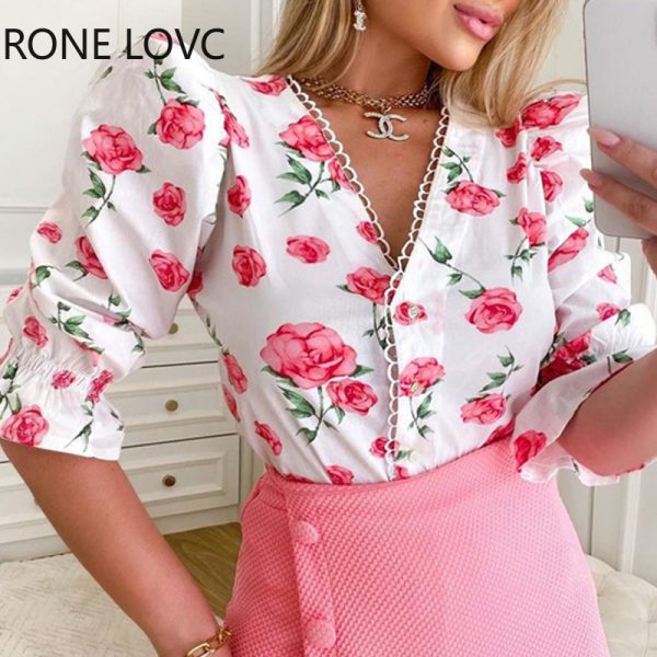 Women-Chic-V-Neck-Half-Sleeves-Button-Floral-Print-Top-solid-Bottom-Mini-Sweat-Skirt-Sets-2.jpg