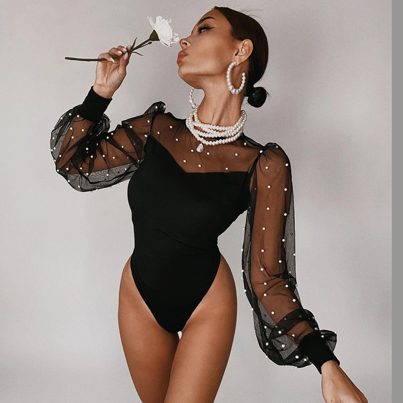 2021-Sexy-Pearl-Mesh-Puff-Sleeve-Bodysuit-Women-Tops-See-Through-Skinny-Bodycon-Body-Suit-Rompers-2
