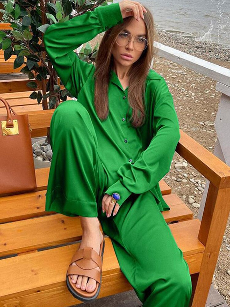 2022-Autumn-Elegant-Satin-Women-s-Tracksuit-Long-Sleeve-Shirt-And-Straight-Pants-Matching-Outfits-Fashion-3
