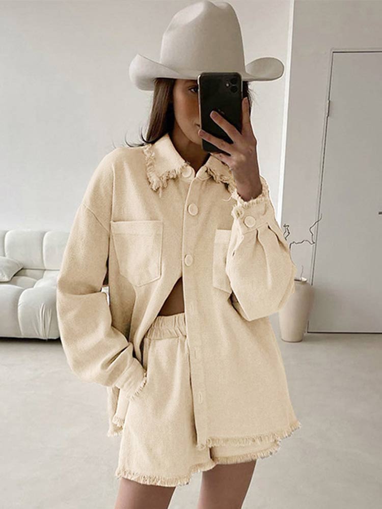 2022-Autumn-Women-Cotton-Lapel-Shirt-Two-Pieces-Sets-Solid-Casual-Long-Sleeve-Fringed-Shirt-Shorts-1