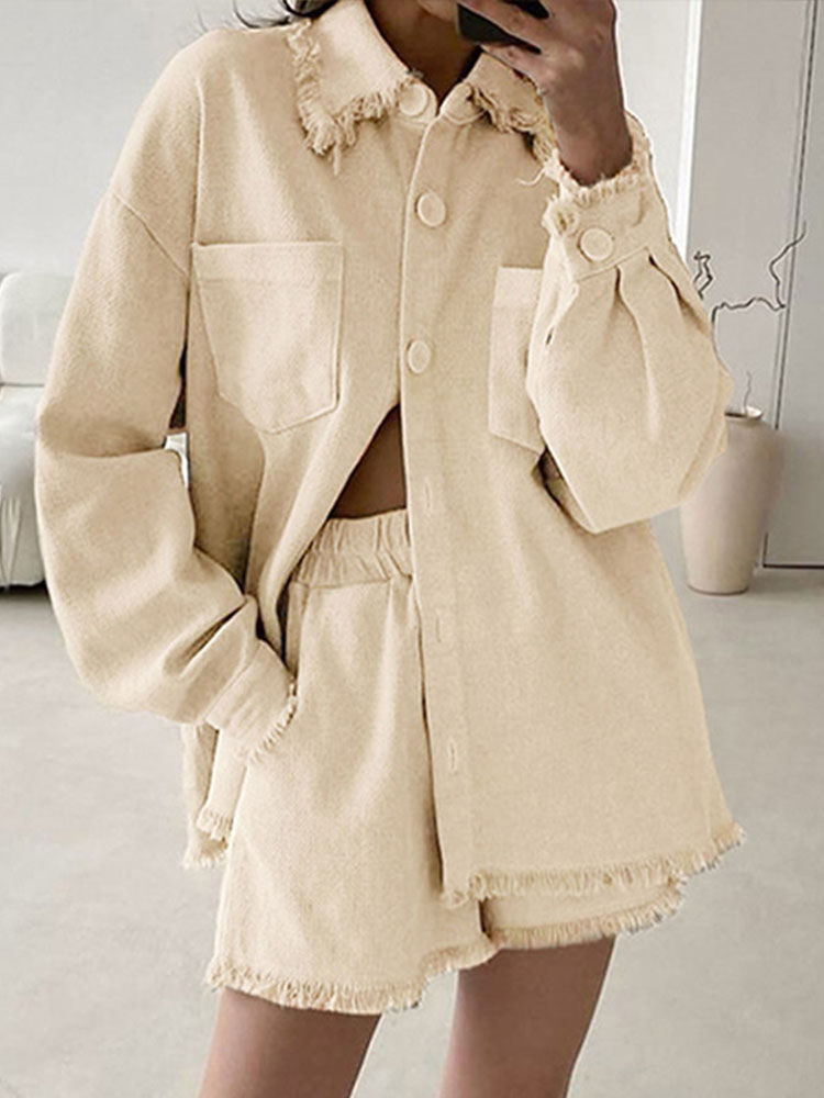2022-Autumn-Women-Cotton-Lapel-Shirt-Two-Pieces-Sets-Solid-Casual-Long-Sleeve-Fringed-Shirt-Shorts-2