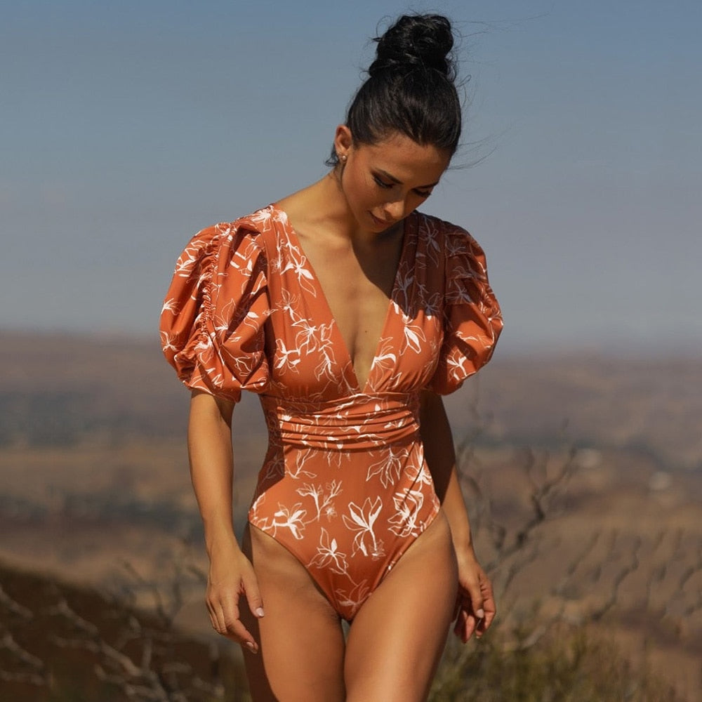 2022-New-Swimsuits-With-Short-Puff-Sleeves-Square-Neck-Beach-Bathing-Suit-Solid-Color-Backless-Monokini-2