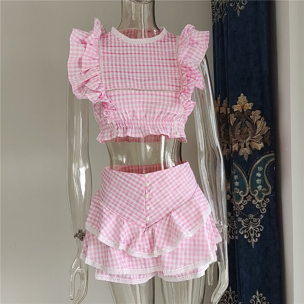 2022-Spring-Cotton-Plaid-Ruffled-Top-and-Short-Sunday-Sets-Holiday-Vocation-Sets-3