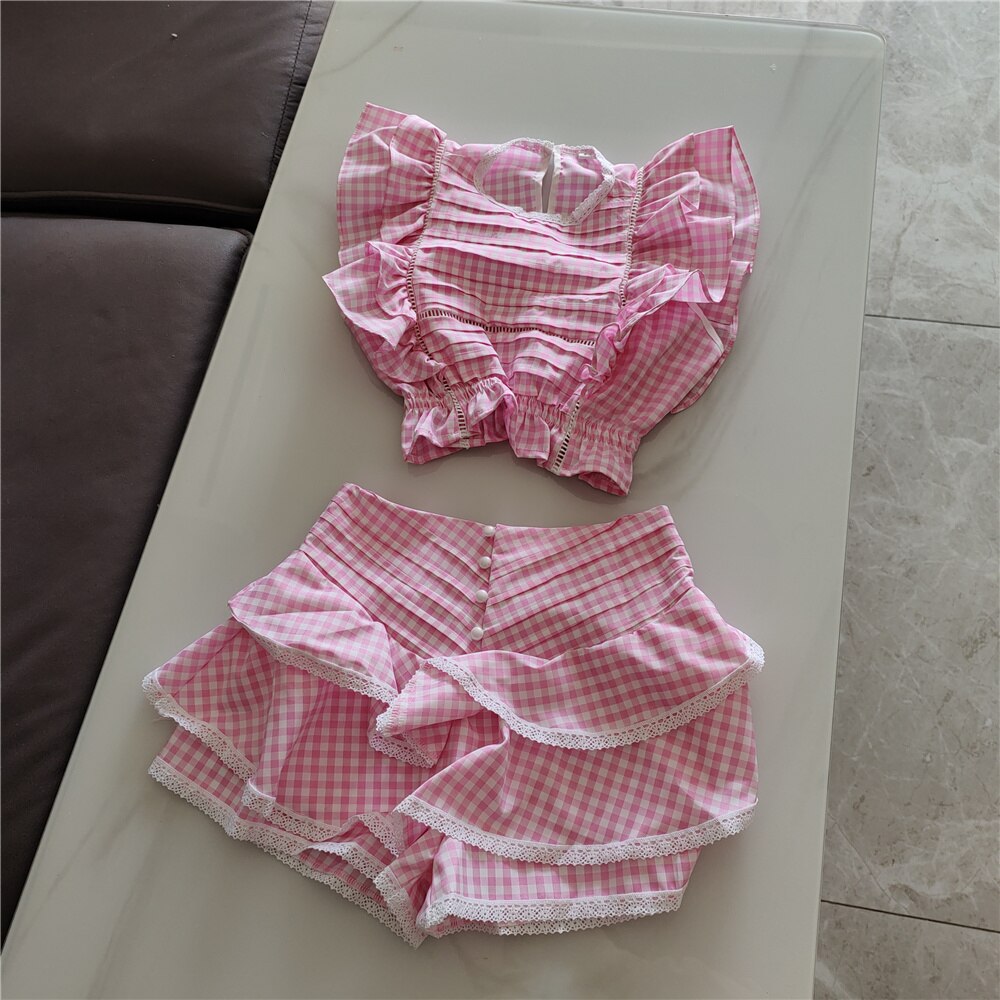 2022-Spring-Cotton-Plaid-Ruffled-Top-and-Short-Sunday-Sets-Holiday-Vocation-Sets-4