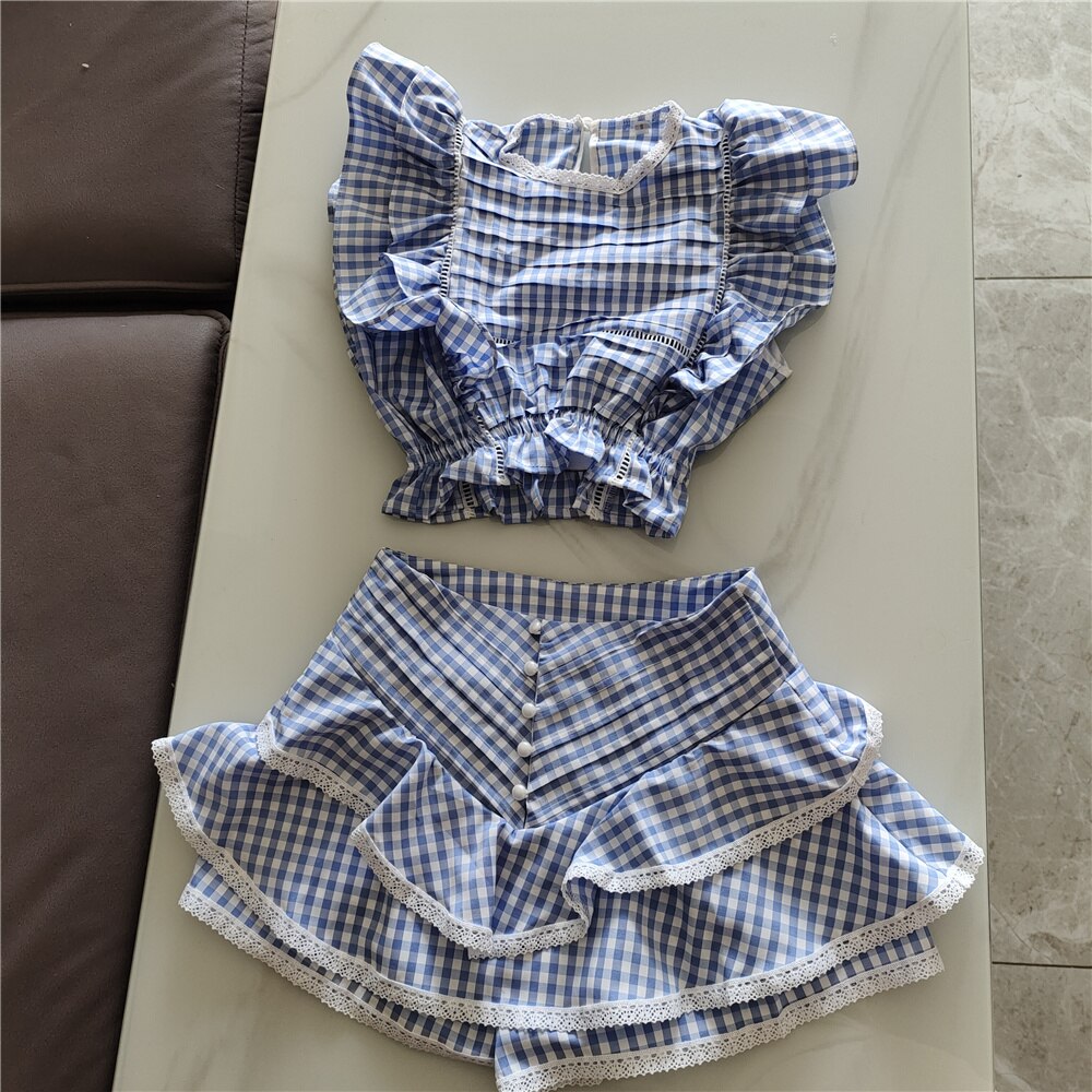 2022-Spring-Cotton-Plaid-Ruffled-Top-and-Short-Sunday-Sets-Holiday-Vocation-Sets-5