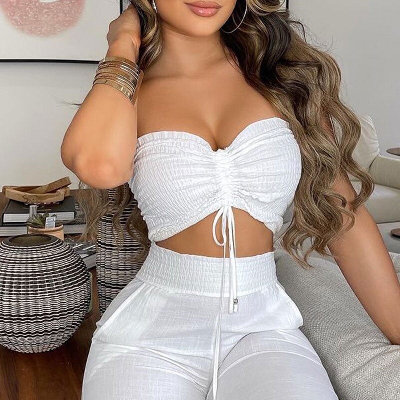 2022-Summer-Women-Casual-White-Two-Piece-Suit-Sets-Sleeveless-Drawstring-Bandeau-Crop-Top-Shirred-High-1