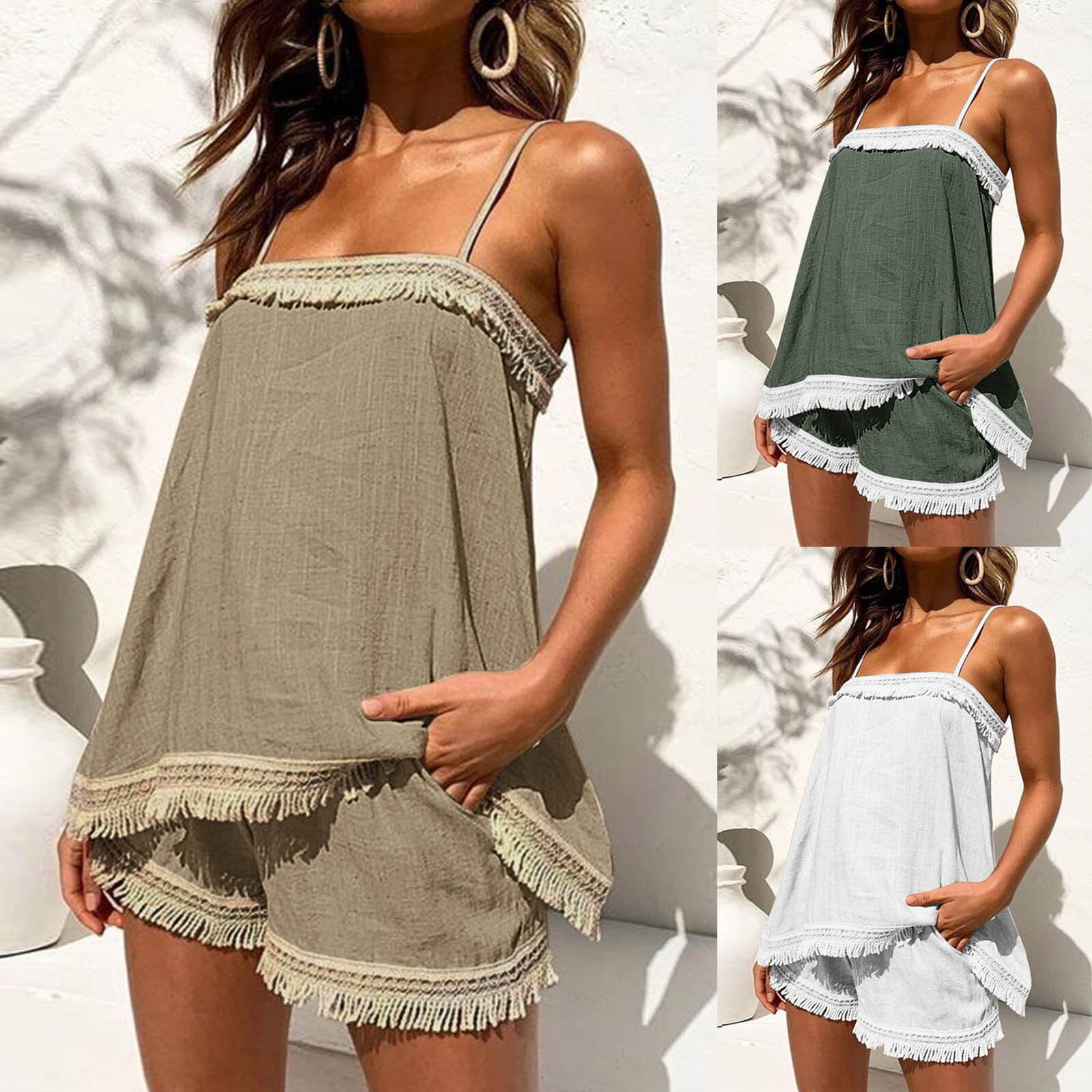 2022-Summer-Women-Shorts-Sets-Solid-Color-Two-Piece-Outfits-Boho-Sling-Tassel-Clothes-Sets-Sexy-3