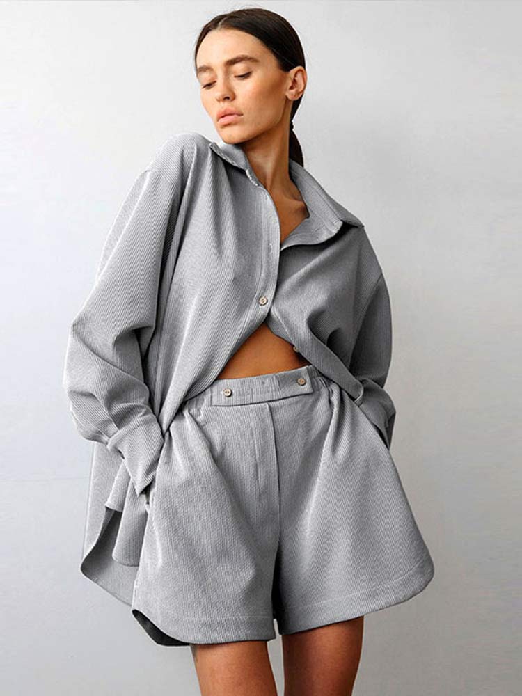 2022-Women-Shirts-Two-Pieces-Sets-Long-Sleeve-Turndown-Collar-Shirts-And-Loose-Button-Shorts-Suits-2
