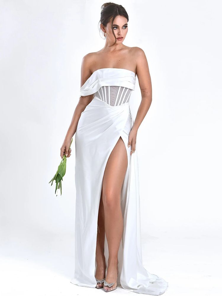 Ailigou-2022-New-Summer-Women-s-Sexy-Off-Shoulder-Ruched-Long-Satin-Long-Dress-Pleated-Slit-2