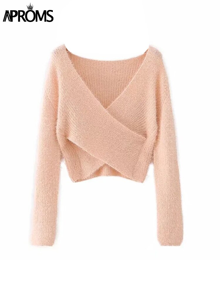 Aproms-Pink-Fluffy-Knitted-Sweater-Women-Autumn-Winter-V-neck-Wrap-Front-Basic-Cropped-Pullovers-Fashion-4