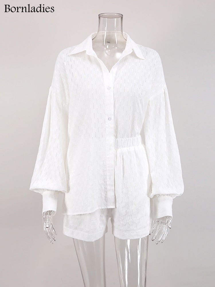 Bornladies-Summer-White-Elegant-Jacquard-Fabric-Soft-Vacation-Suits-Women-Long-Sleeves-Shirts-And-Hot-Pants-3