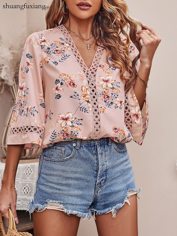 Casual-Boho-Loose-Print-Shirt-Blouse-Woman-2022-Summer-V-neck-Lace-Patchwork-Shirts-For-Women-4