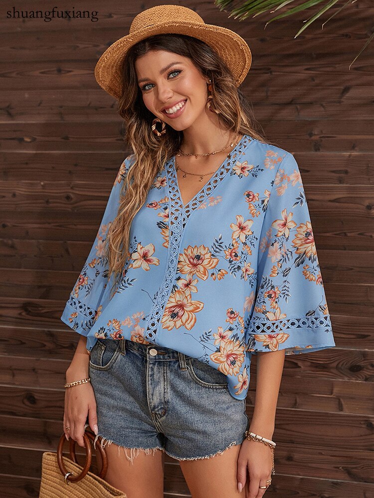 Casual-Boho-Loose-Print-Shirt-Blouse-Woman-2022-Summer-V-neck-Lace-Patchwork-Shirts-For-Women-5