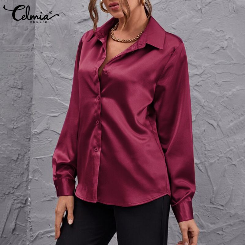 Celmia-Women-Satin-Silk-Basic-Shirts-2022-Spring-Casual-Long-Sleeve-Blouse-Elegant-Solid-Color-Lapel-2