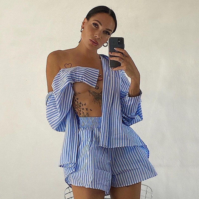 Cryptographic-Fashion-Casual-Striped-Blouse-Shirts-and-Shorts-Matching-Set-Loose-Shirt-Sleeve-Top-Outfits-Summer-5