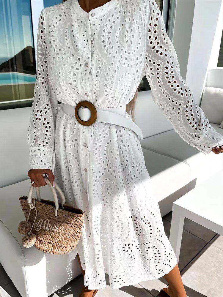 Elegant-Hollow-Out-Lace-Solid-Dress-Office-Lady-Slit-Button-Shirt-Dress-Summer-Spring-Long-Sleeve-2