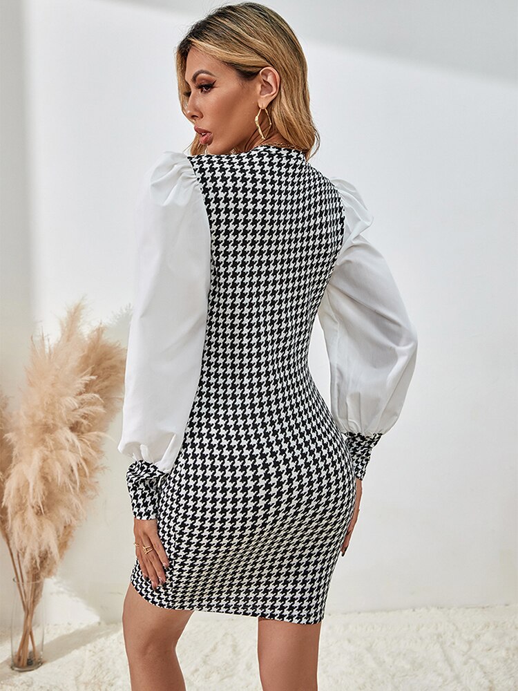Elegant-Houndstooth-Dress-Woman-Fashion-White-Slim-Puff-Sleeve-Short-Dress-Spring-Autumn-Casual-Dresses-For-2
