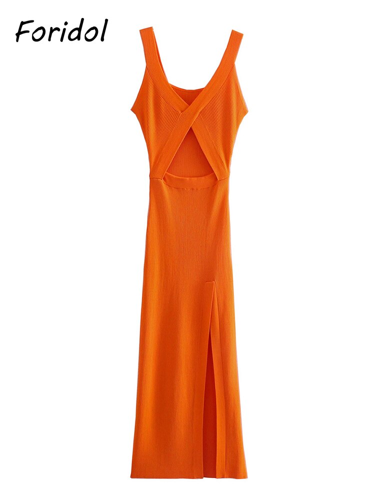 Foridol-Bowknot-Front-Cut-Out-Orange-Knitted-Slit-Dress-Women-Sleeveless-V-Neck-Midi-Dress-Party-5