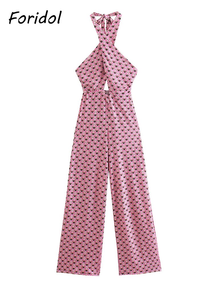 Foridol-Geometric-Print-Summer-Autumn-Backless-Jumpsuit-Sleeveless-Halter-Wide-Leg-Pink-Pants-Overalls-Front-Cut-5