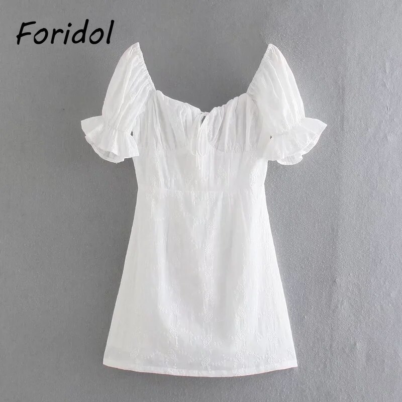Foridol-White-Lace-Summer-Dress-for-Women-Flower-Embriodery-Cotton-Mini-Dress-Puff-Sleeve-Lace-Up-3