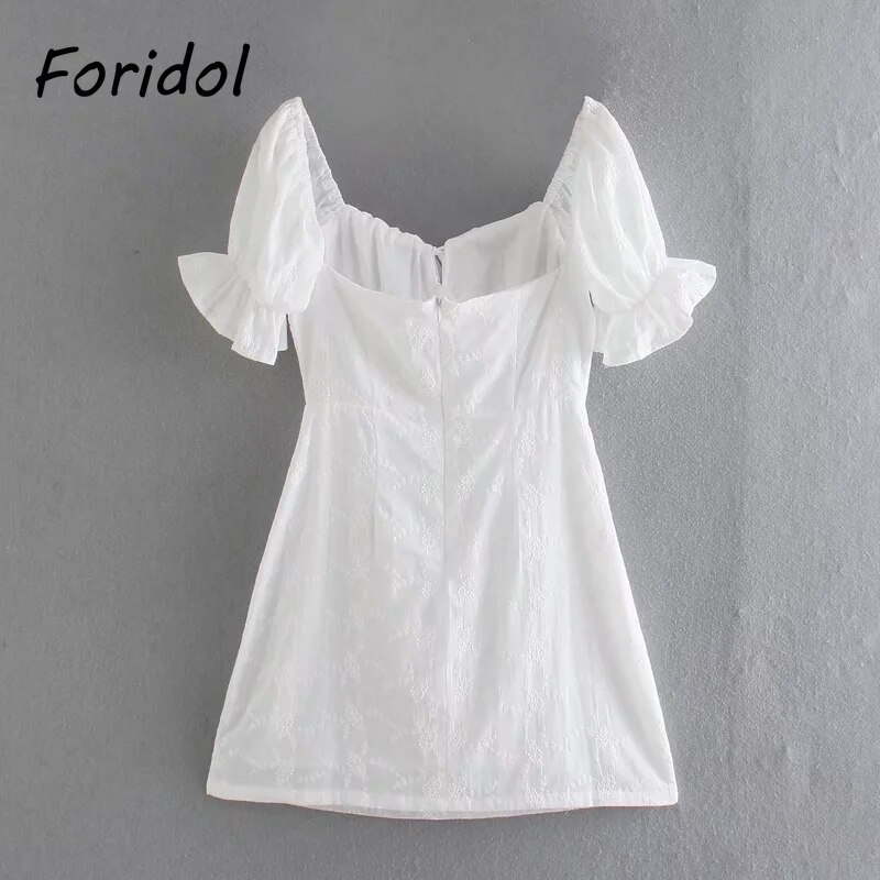 Foridol-White-Lace-Summer-Dress-for-Women-Flower-Embriodery-Cotton-Mini-Dress-Puff-Sleeve-Lace-Up-4
