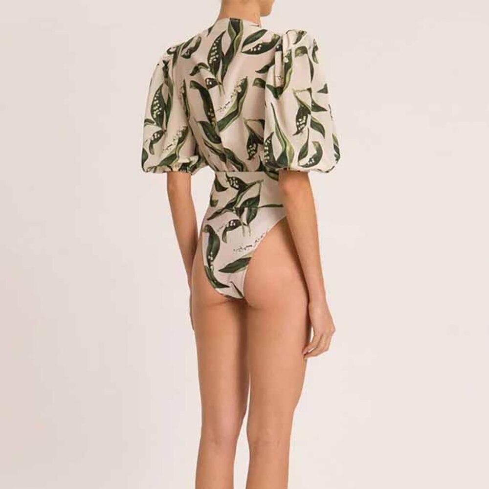 Green-Deep-V-Neck-Puff-Sleeve-Printed-One-Piece-Swimsuit-Tankini-Women-s-Summer-Swiming-Suit-1