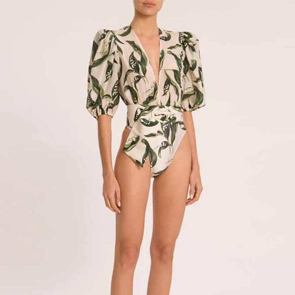 Green-Deep-V-Neck-Puff-Sleeve-Printed-One-Piece-Swimsuit-Tankini-Women-s-Summer-Swiming-Suit-2
