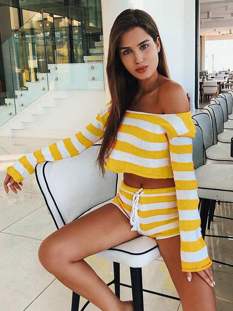 Knit-Stripe-Crop-Top-Shorts-Sets-Women-Casual-Long-Sleeve-Top-Lace-Up-Shorts-Female-Suits-4