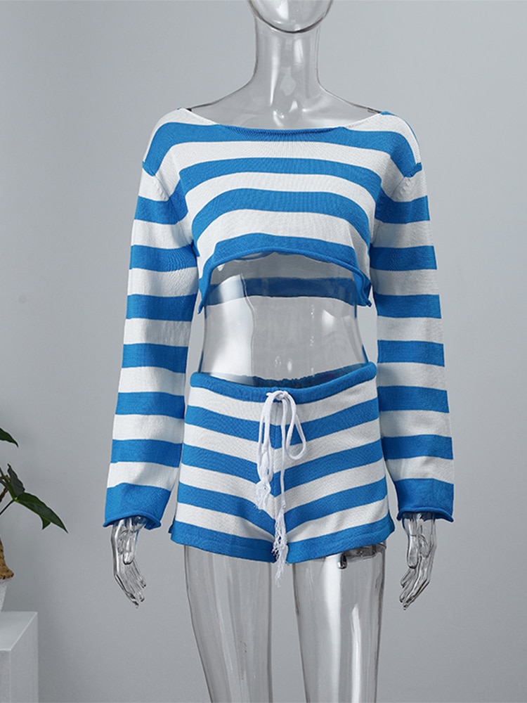 Knit-Stripe-Crop-Top-Shorts-Sets-Women-Casual-Long-Sleeve-Top-Lace-Up-Shorts-Female-Suits-5