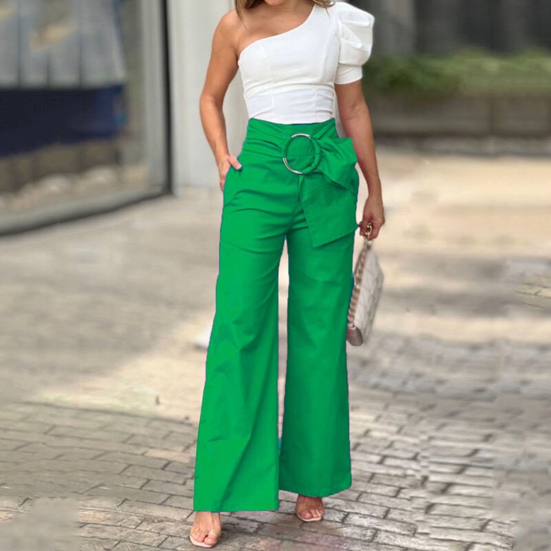 LIYONG-Women-Two-Piece-Set-Sexy-One-Shoulder-Puff-Sleeve-Solid-Color-Top-Loose-Wide-Legs-2