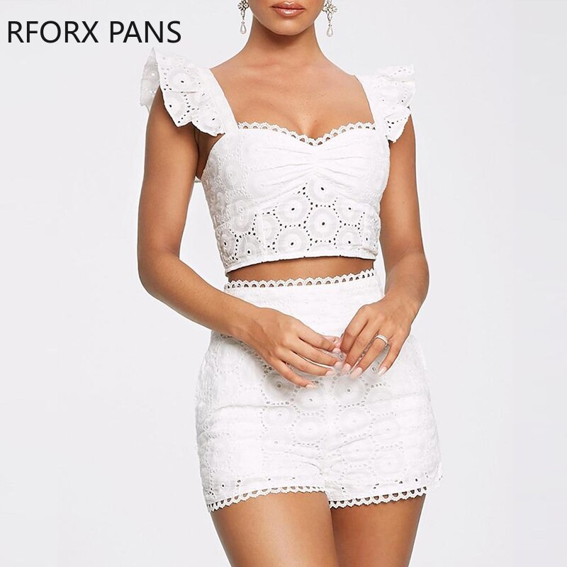 Lace-Ruffles-Hollow-Out-Top-Short-Sets-2