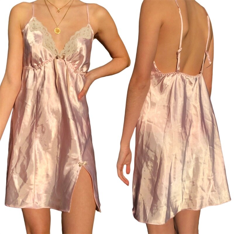 Ladies-Glamorous-Sexy-Sling-Pink-Summer-Nightdress-Adult-Contrast-Color-Floral-Lace-V-Neck-Spaghetti-Strap-4