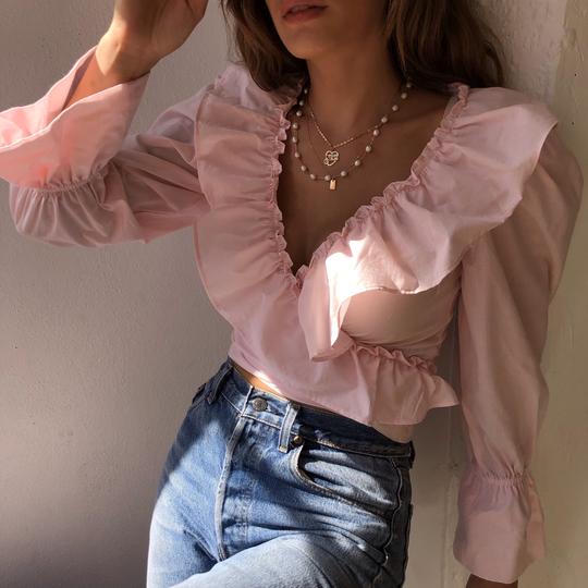 New-Women-Sexy-Ruffled-V-Neck-Crop-Top-Long-Puff-Sleeve-Blouse-Shirts-Fashion-Ladies-Solid-2