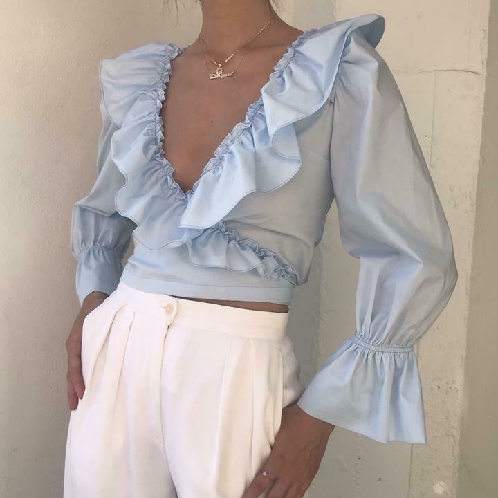 New-Women-Sexy-Ruffled-V-Neck-Crop-Top-Long-Puff-Sleeve-Blouse-Shirts-Fashion-Ladies-Solid-4