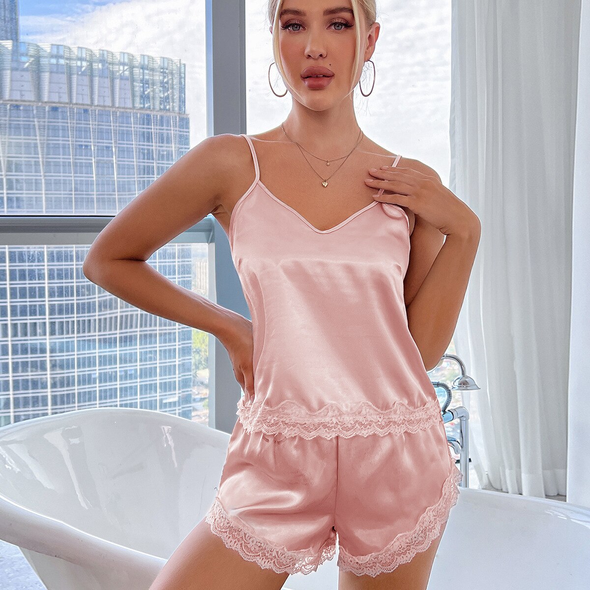 Newest-Summer-Silk-Pajamas-Suit-Sexy-V-neck-Sleep-Tops-Lace-Design-Shorts-Homewear-Open-back-2