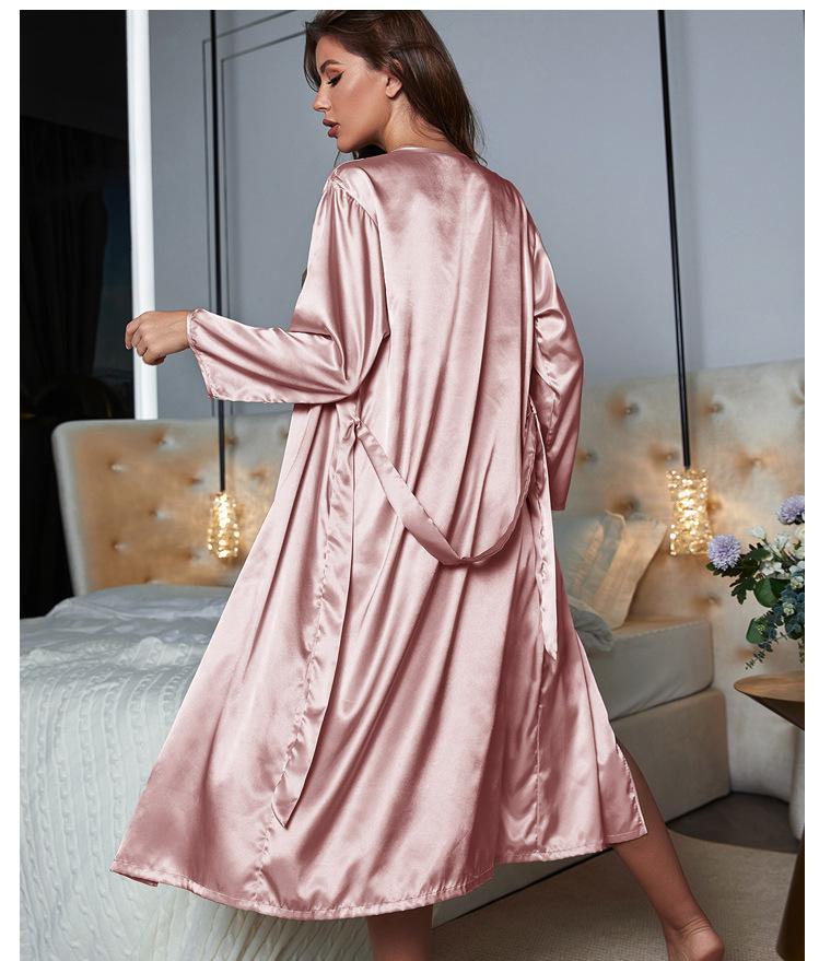 Pink-Kimono-Robe-Suit-Womens-Bathrobe-Strap-Nightgown-Set-Summer-V-Neck-Loungewear-Sleepwear-Home-Dressing-2
