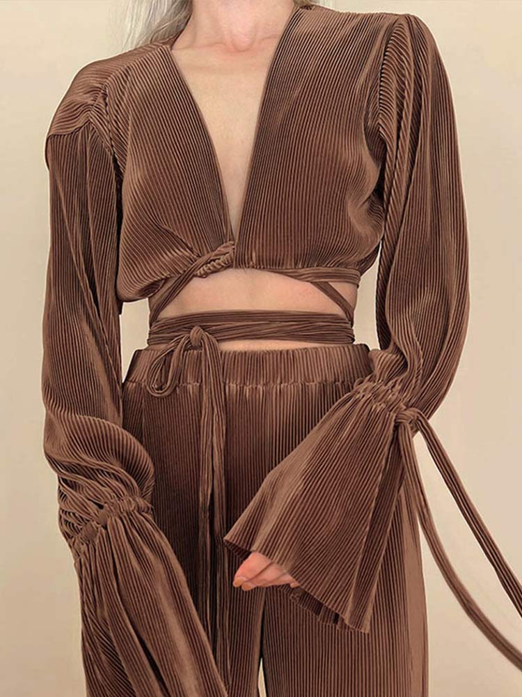 Pleated-Short-Top-2-Piece-Female-Outfits-V-neck-Flare-Sleeve-Blouse-Wide-Leg-Loose-Pants-1
