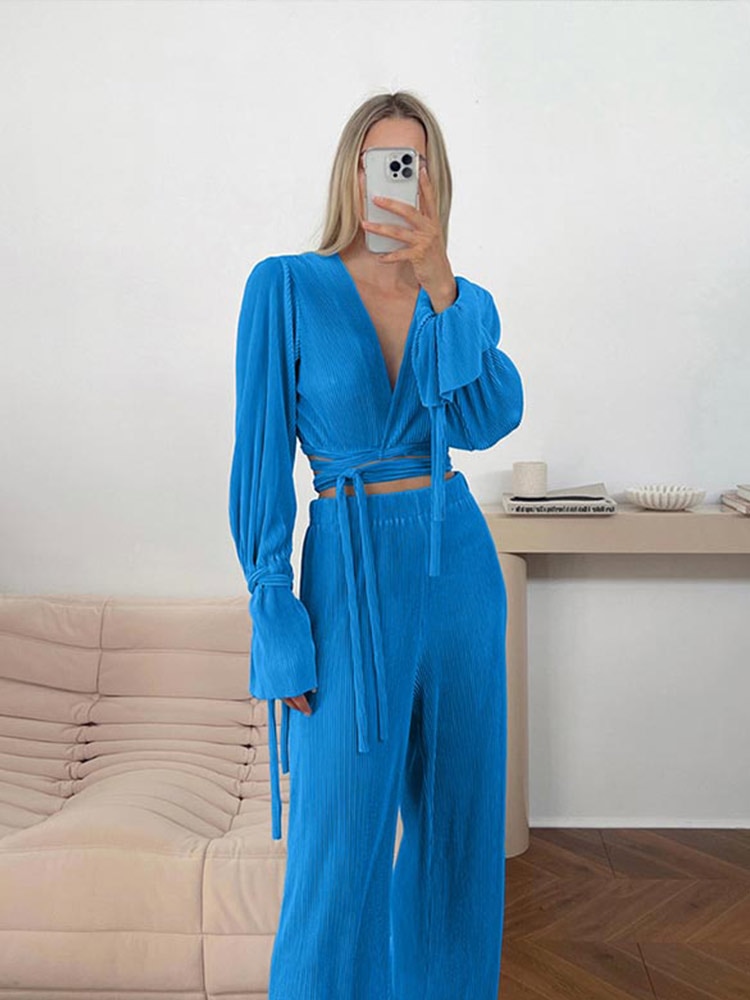 Pleated-Short-Top-2-Piece-Female-Outfits-V-neck-Flare-Sleeve-Blouse-Wide-Leg-Loose-Pants-4