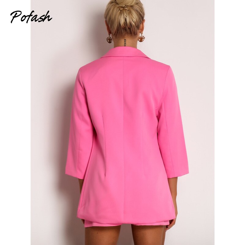 Pofash-Pink-Solid-V-Neck-Two-Pieces-Outfits-Women-Long-Sleeves-Pockets-Button-Casual-Blazers-Female-1