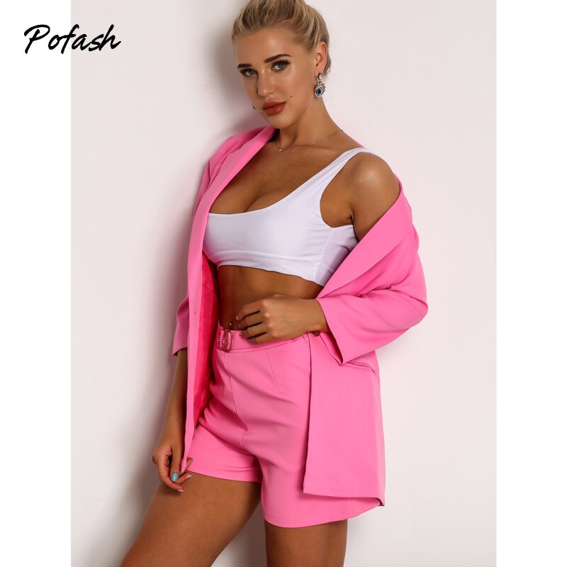 Pofash-Pink-Solid-V-Neck-Two-Pieces-Outfits-Women-Long-Sleeves-Pockets-Button-Casual-Blazers-Female-2