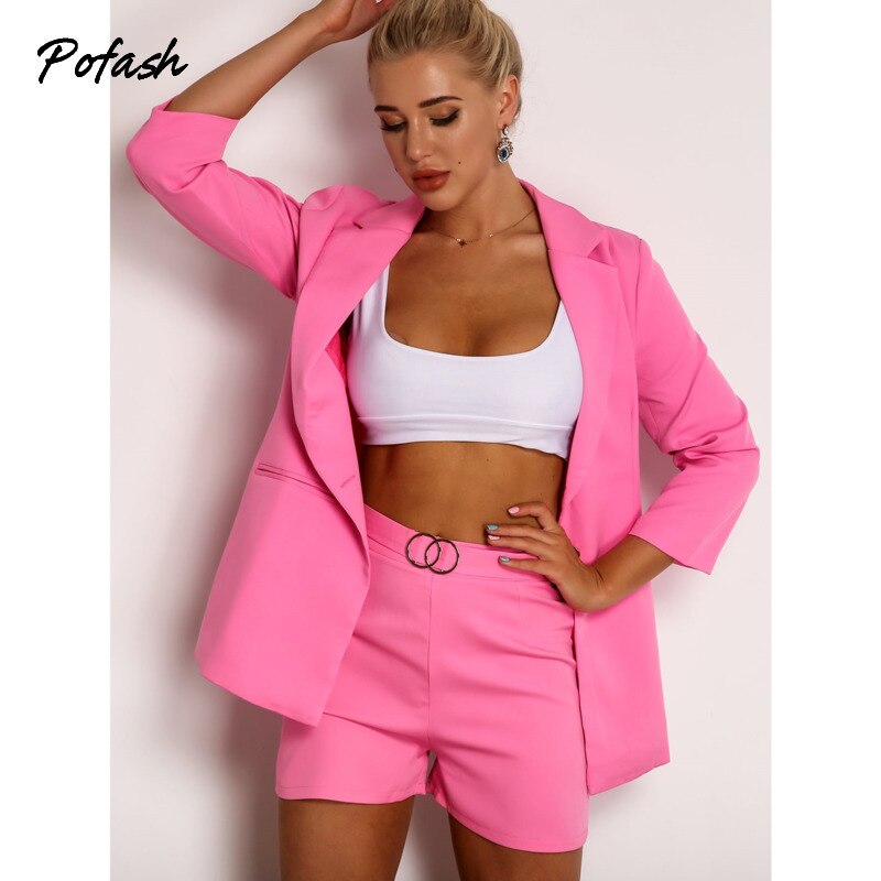 Pofash-Pink-Solid-V-Neck-Two-Pieces-Outfits-Women-Long-Sleeves-Pockets-Button-Casual-Blazers-Female-3