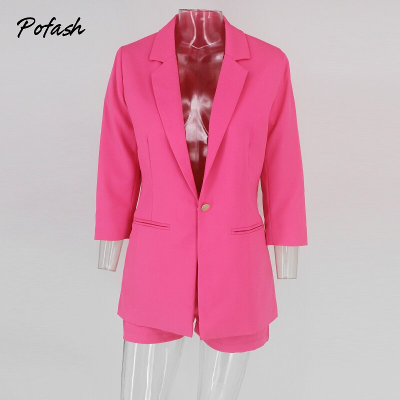 Pofash-Pink-Solid-V-Neck-Two-Pieces-Outfits-Women-Long-Sleeves-Pockets-Button-Casual-Blazers-Female-5