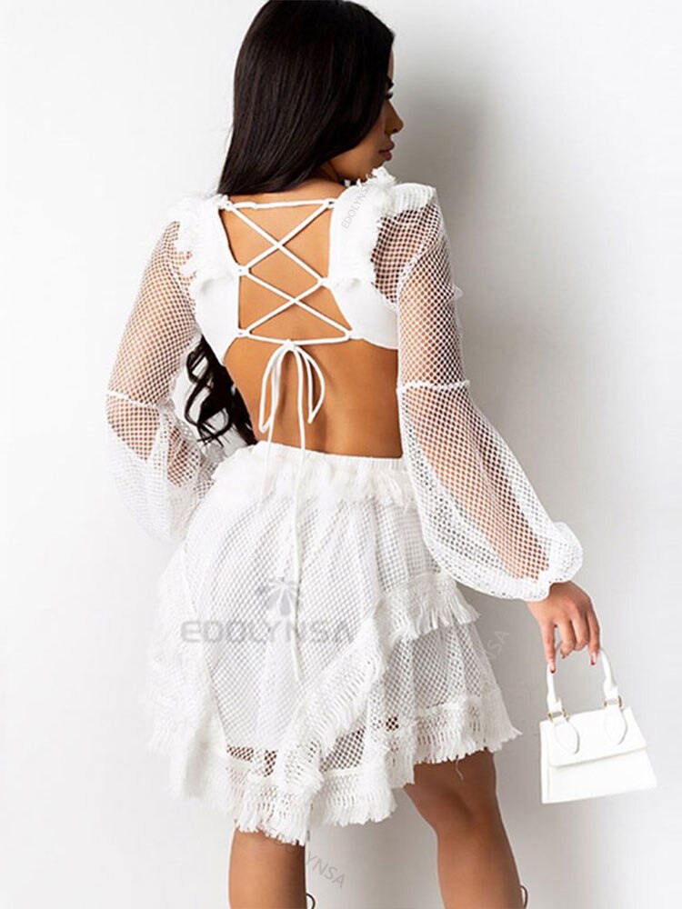 Sexy-Deep-V-neck-Cut-Out-Long-Sleeve-Mini-Dress-Short-White-Lace-Tunic-Women-Clothes-3