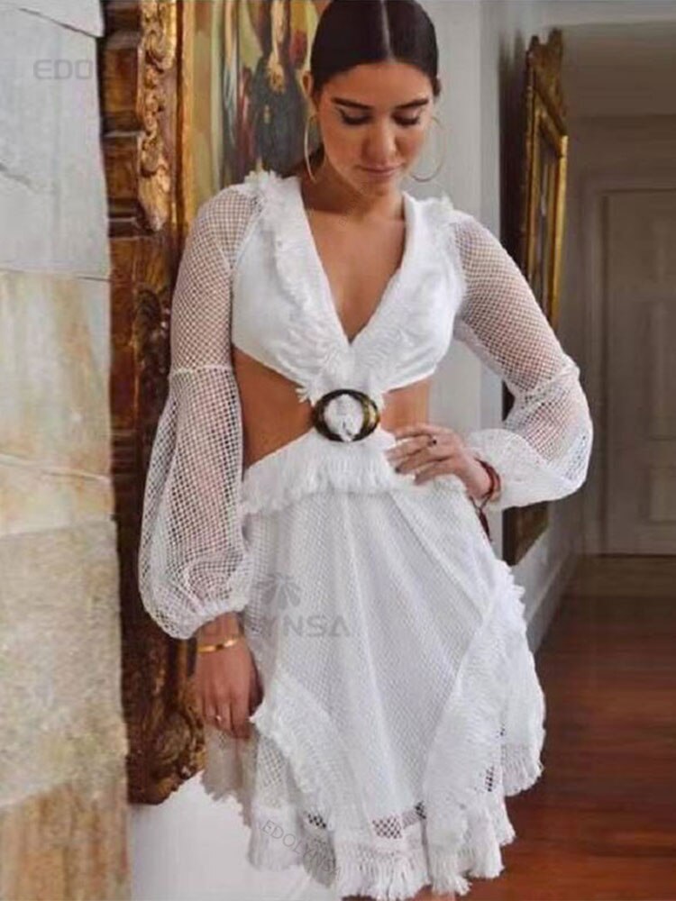 Sexy-Deep-V-neck-Cut-Out-Long-Sleeve-Mini-Dress-Short-White-Lace-Tunic-Women-Clothes-5
