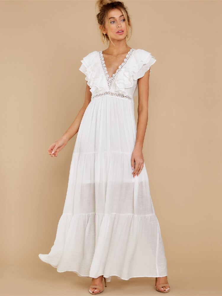 Sexy-Deep-V-neck-Ruffled-Butterfly-Sleeve-Maxi-Dress-Long-White-Lace-Tunic-Women-Clothes-Summer-2