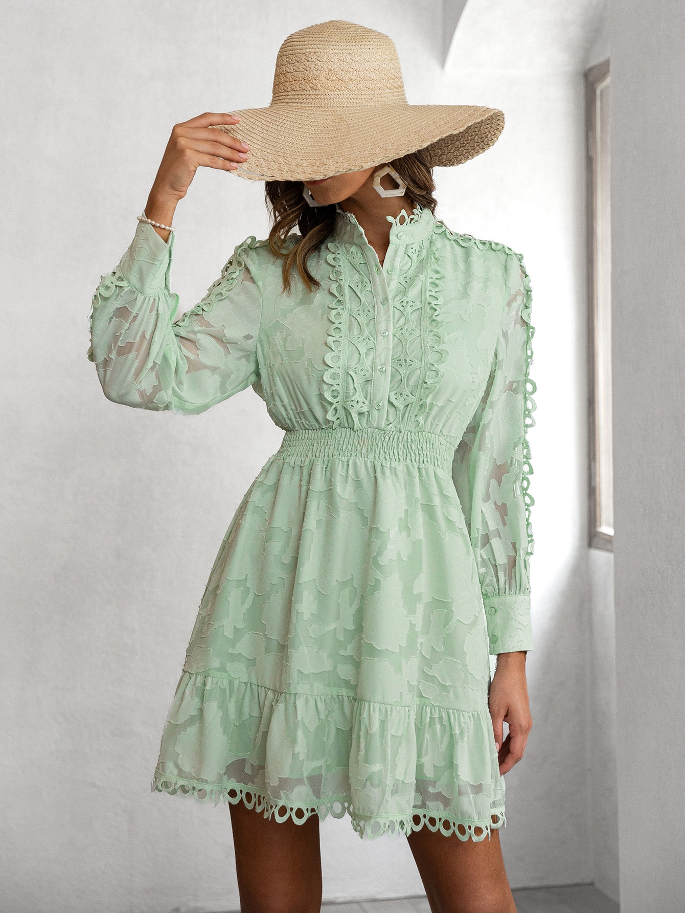 Simplee-Elegant-office-green-lace-dress-women-Summer-hollow-out-patchwork-buttons-mini-dresses-Long-sleeve-3