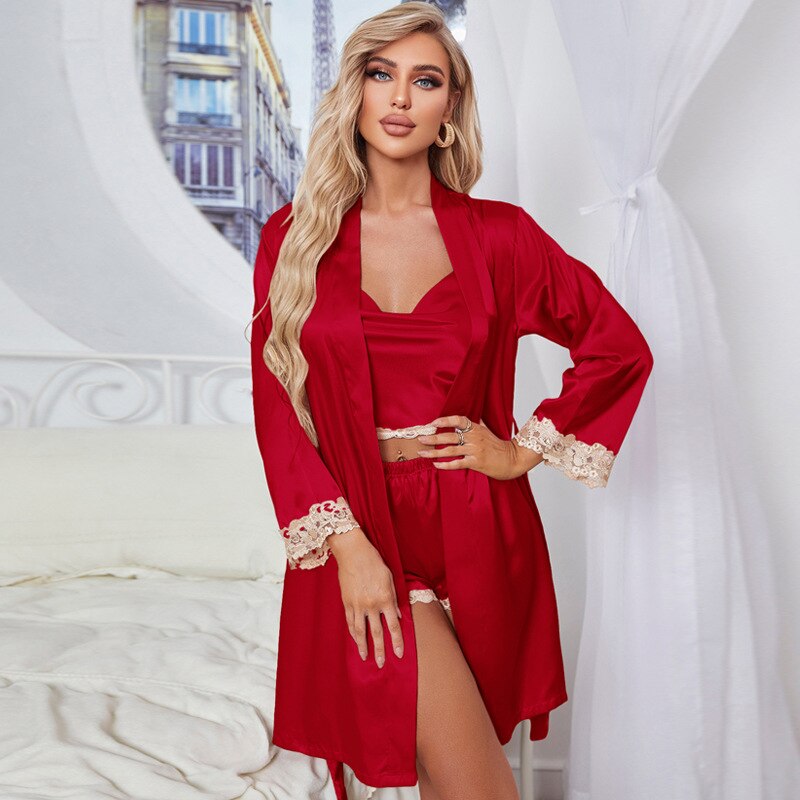 Summer-Mid-Length-Shorts-Pajamas-Suit-Shoulder-Straps-with-Robes-Three-Piece-Homewear-Suit-Silk-Sexy-4