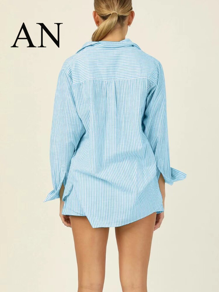 Summer-New-Women-s-Suit-Loose-Leisure-Striped-Shirt-Shorts-Home-Two-Piece-Set-Summer-Two-5