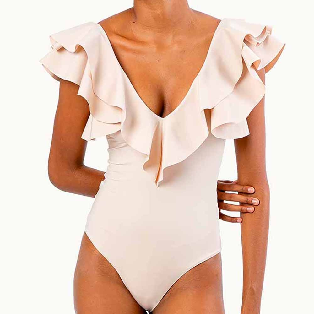 V-Neck-Ruffled-Solid-Color-One-Piece-Swimsuit-White-Solid-Push-Up-Micro-Single-Piece-Micro-1